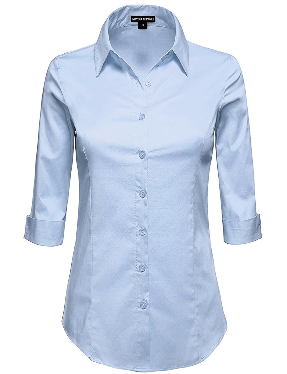 maysix apparel 七分袖弹性系扣领办公室正式休闲衬衫女士版型(xs-6xl